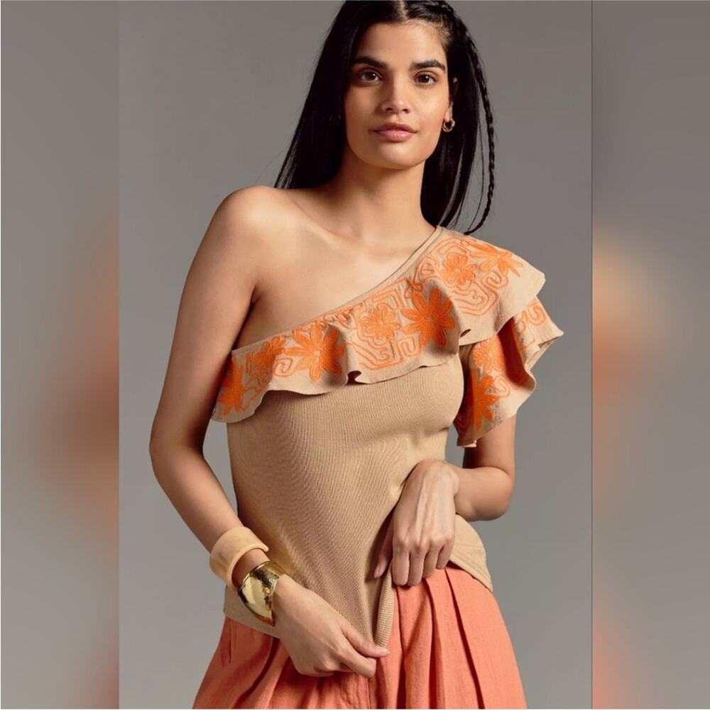 Dolan Anthropologie Tan & Orange Ribbed Embroidered Ruffle One Shoulder Top XS
